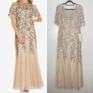 NWT ADRIANNA PAPELL Gown Taupe Sequin Beaded Floral Evening Dress Fairy Godets